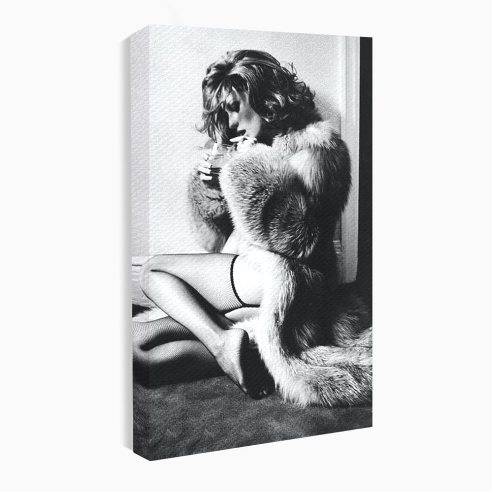 Tablou canvas cu tablou portret femeie retro cu blana, fara rama, pe sasiu de lemn
